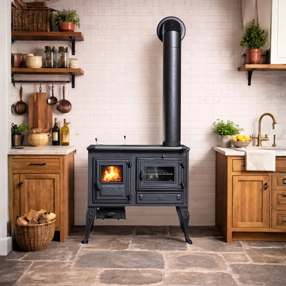 Globe Fire Titan Holzherd aus Gusseisen in einer Küche